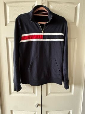 Tommy Hilfiger Navy Half-Zip Pullover with Red and White Stripes